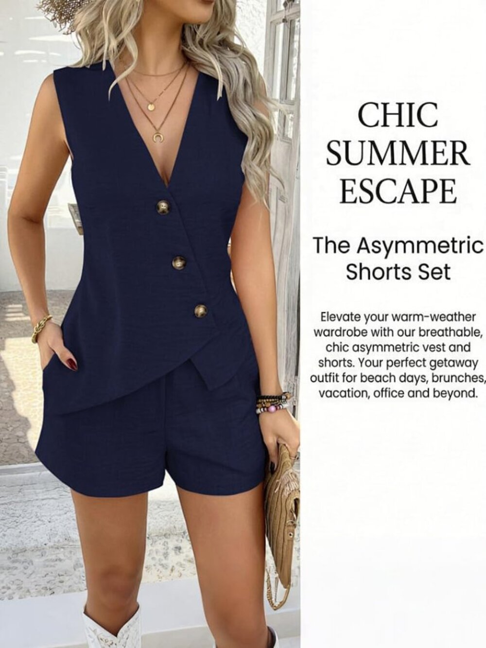 Women's Navy 2 Piece Sleeveless Button Down V Neck Blazer Vest and Shorts Set - Picture 5 of 6